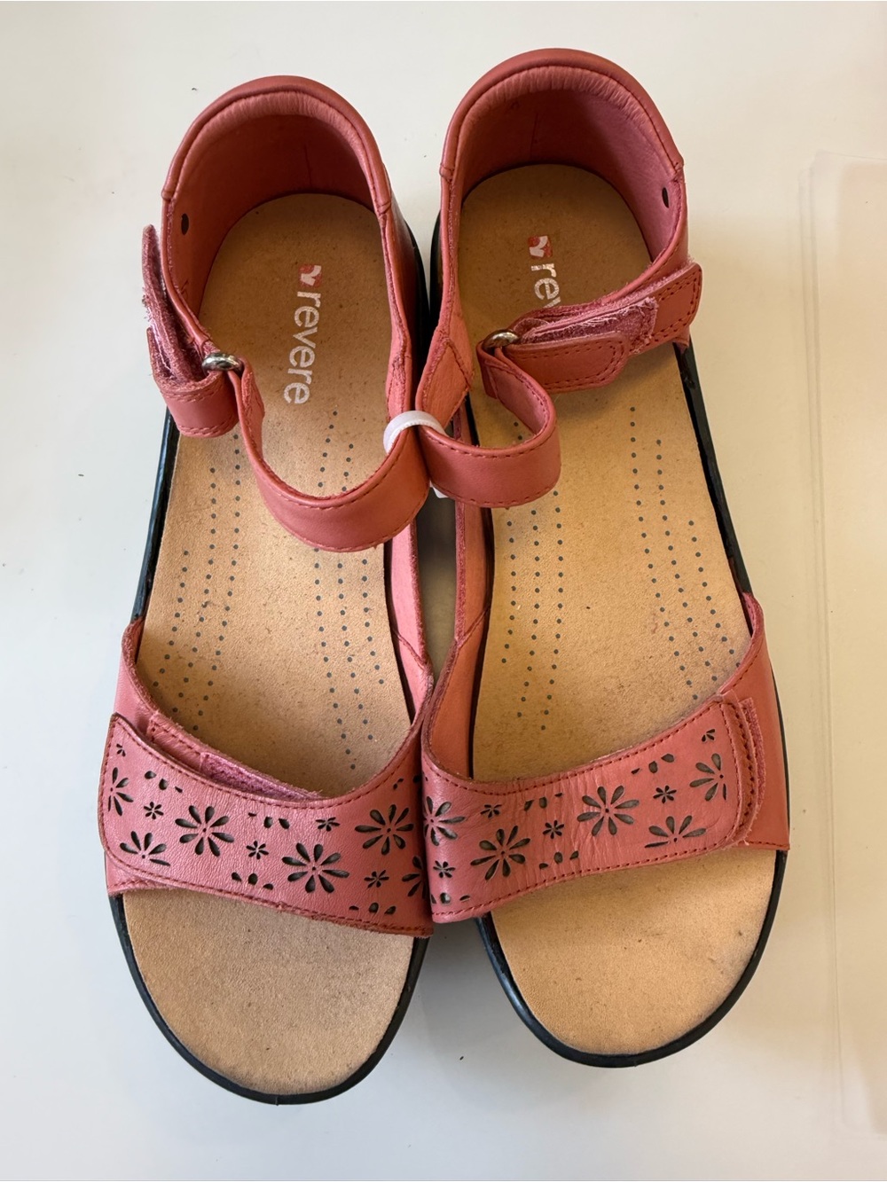 Revere Leather Comfort Sandals Coral Pink Laser Cut Floral